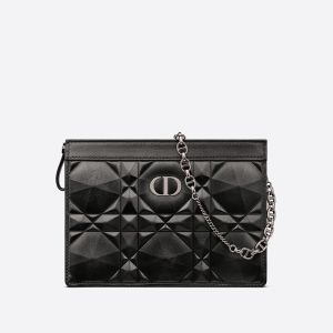 Dior Caro Zipped Pouch with Chain Cannage Calfskin with Diamond Motif Black