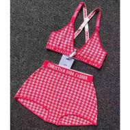 Christian Dior J'Adior High Waisted Crisscross Bikini Women Houndstooth Motif Lycra Pink