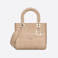 Medium Lady D-lite Bag Cannage Motif Canvas Beige