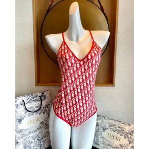 Dior Crisscross Swimsuit Women Oblique with Bee CD Motif Lycra Red