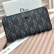 Large Dior Zip Wallet CD Diamond Motif Calfskin Black