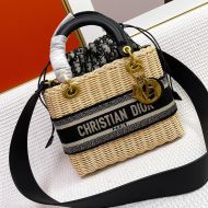 Medium Lady Dior Bag Wicker and Oblique Motif Canvas Black