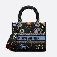 Medium Lady D-lite Bag Pixel Zodiac Motif Canvas Black