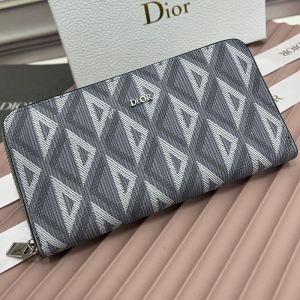 Large Dior Zip Wallet CD Diamond Motif Calfskin Grey